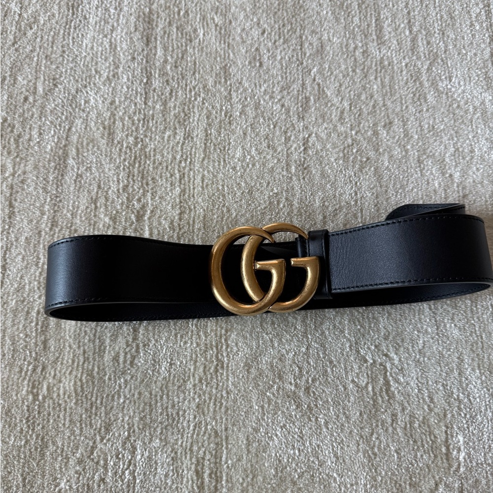 Gucci Black Leather Belt  GG MARMONT WIDE BELT